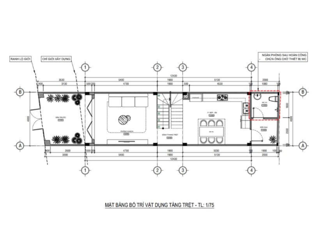 Bản vẽ bố tr&iacute; mặt bằng tầng trệt nh&agrave; mặt tiền 4m d&agrave;i 18m gồm 1 ph&ograve;ng kh&aacute;ch + 1 ph&ograve;ng bếp