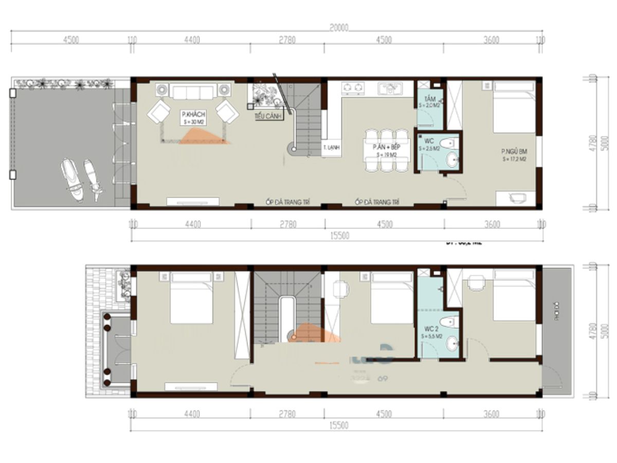 Bản vẽ thiết kế bố tr&iacute; nh&agrave; ống 2 tầng đơn giản, đầy đủ tiện nghi