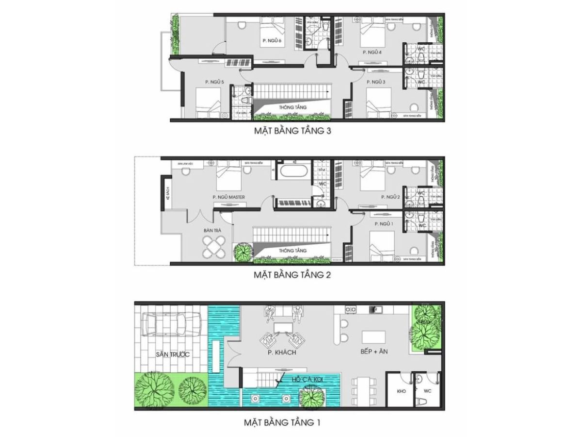 Bản vẽ thiết kế nh&agrave; ống 3 tầng hiện đại