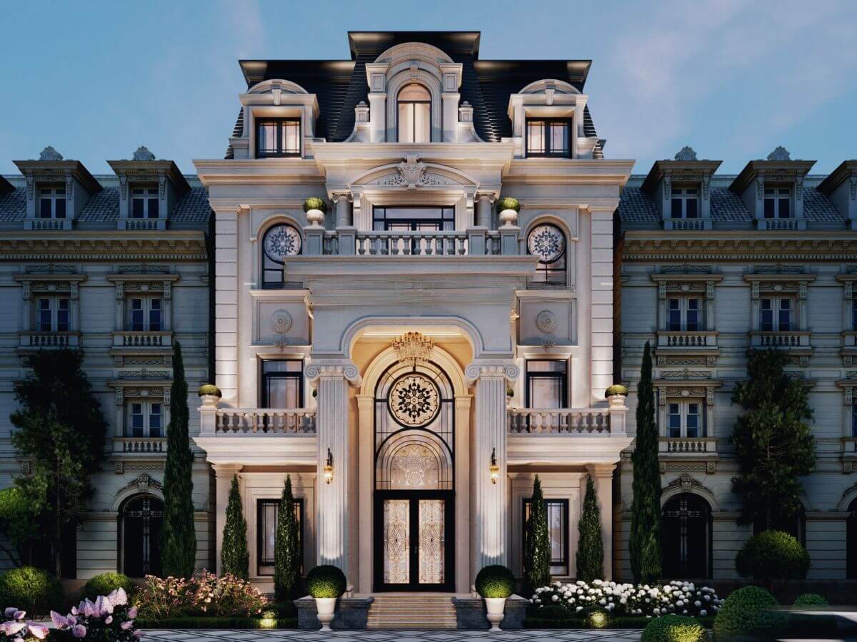 Mẫu nh&agrave; biệt thự t&acirc;n cổ điển bề thế với hệ ph&agrave;o chỉ đắp nổi ấn tượng