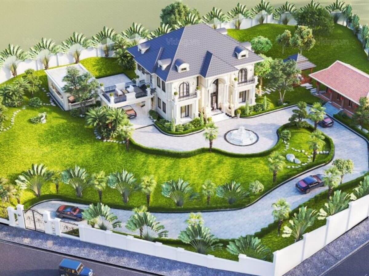 To&agrave;n cảnh biệt thự t&acirc;n cổ điển c&oacute; vườn đầy đủ tiện nghi, đ&aacute;p ứng nhu cầu nghỉ dưỡng của mọi th&agrave;nh vi&ecirc;n trong gia đ&igrave;nh