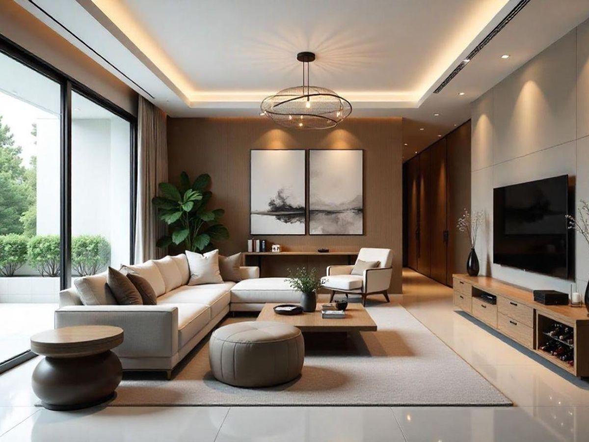 Ph&ograve;ng kh&aacute;ch nh&agrave; ống 15m2 sang trọng, đẳng cấp với hệ trần giật cấp, đ&egrave;n trần bắt mắt kết hợp cửa k&iacute;nh lớn kết nối với kh&ocirc;ng gian b&ecirc;n ngo&agrave;i