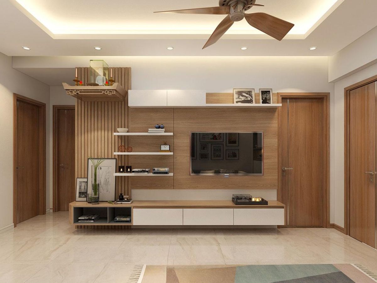 Thiết kế b&agrave;n thờ ở g&oacute;c tr&ecirc;n cao với nội thất đồng bộ với ph&ograve;ng kh&aacute;ch nh&agrave; ống, kết hợp &aacute;nh đ&egrave;n v&agrave;ng ấm c&uacute;ng