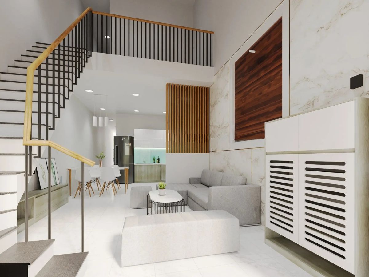Ph&ograve;ng kh&aacute;ch nh&agrave; ống phong c&aacute;ch đơn giản được bố tr&iacute; gọn g&agrave;ng, khoa học