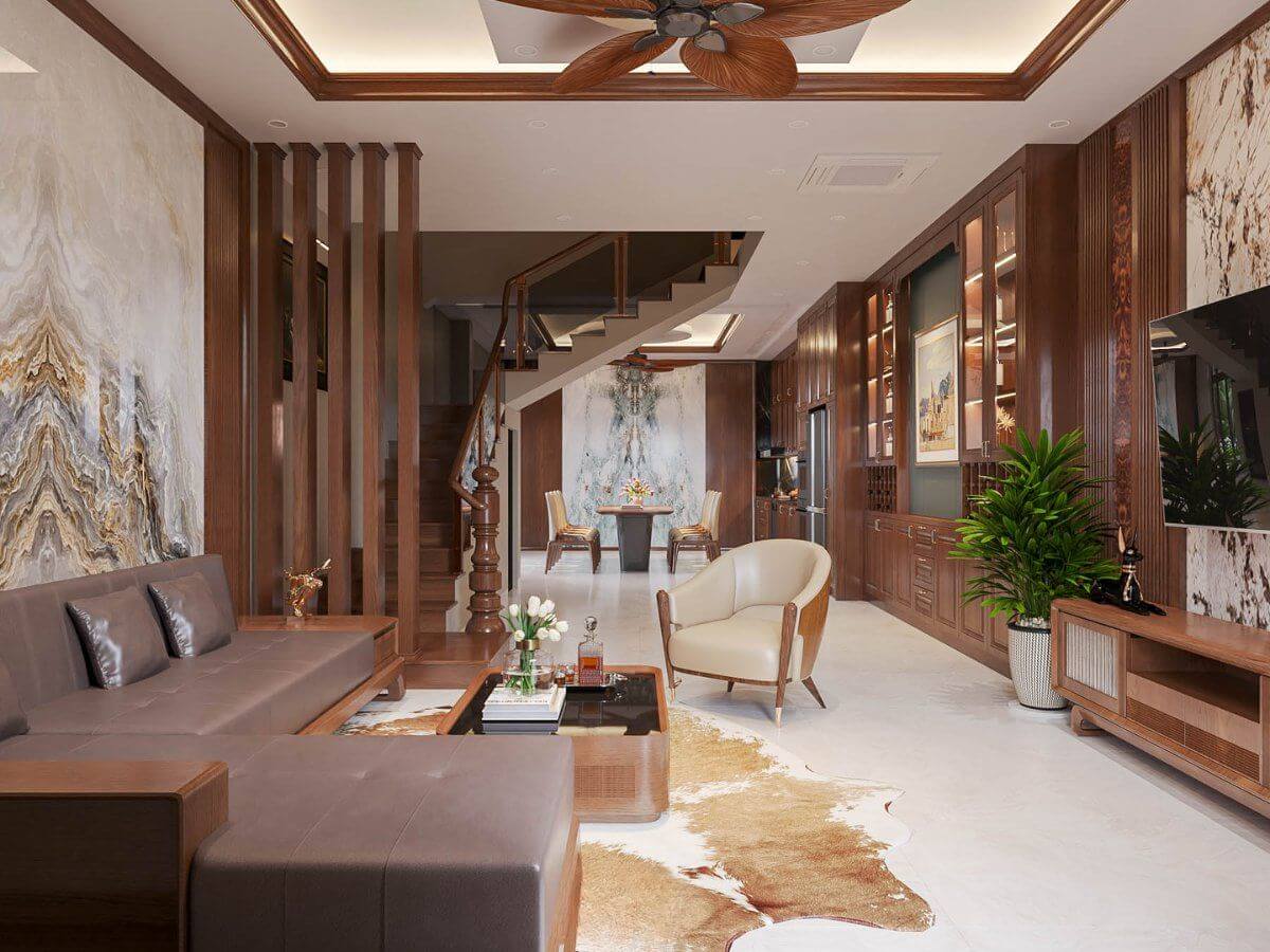 Mẫu ph&ograve;ng kh&aacute;ch liền ph&ograve;ng bếp sang trọng với sofa da thời thượng