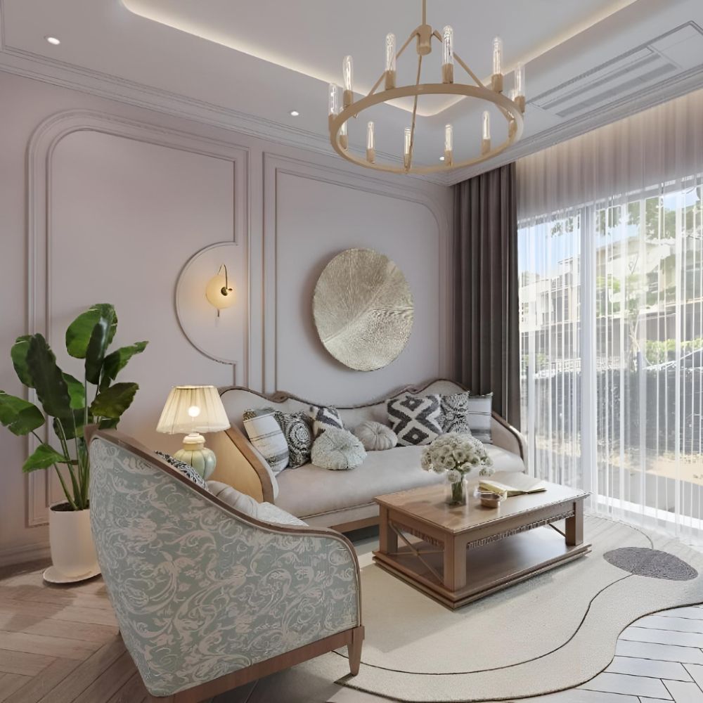 Mẫu ph&ograve;ng kh&aacute;ch nh&agrave; ống phong c&aacute;ch T&acirc;n cổ điển với bộ sofa hoa văn nhỏ gọn v&agrave; đ&egrave;n ch&ugrave;m pha l&ecirc; bắt mắt