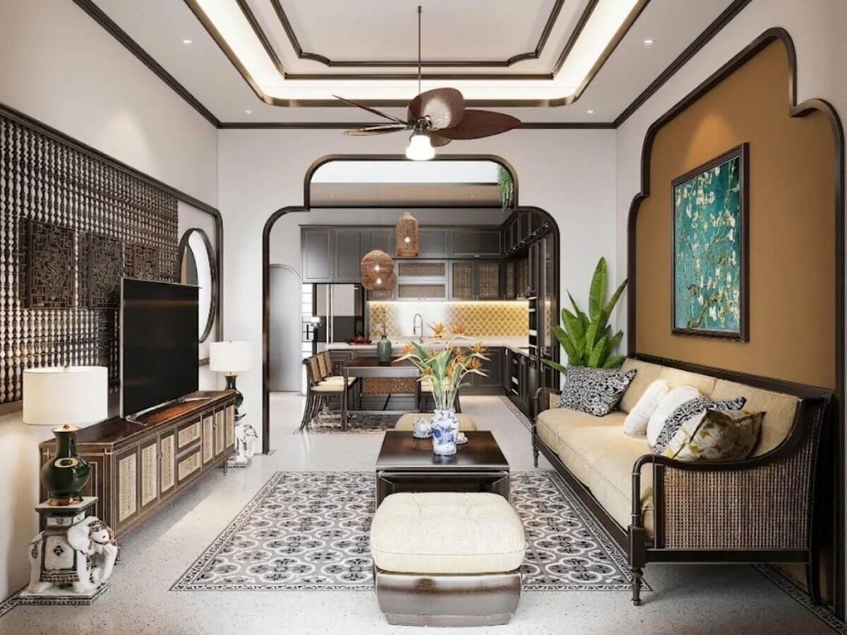 Thiết kế ph&ograve;ng kh&aacute;ch phong c&aacute;ch Indochine thanh lịch, gần gũi