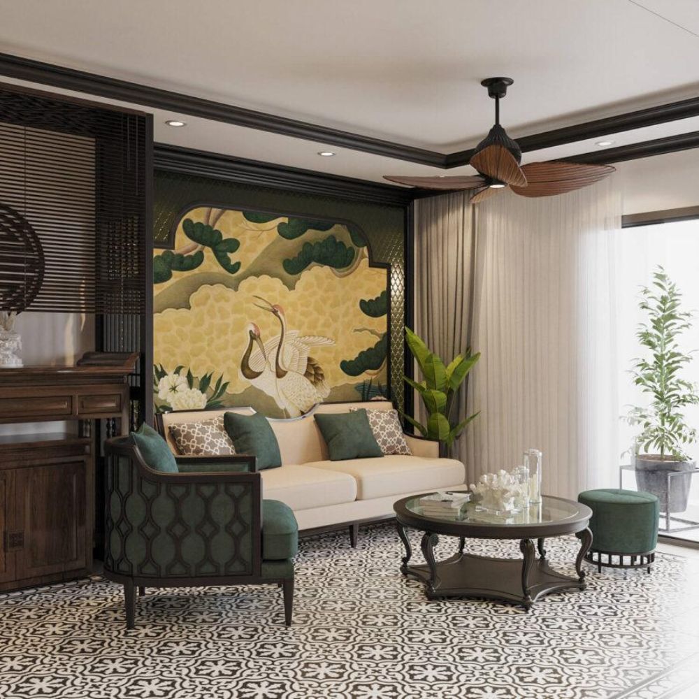 Sử dụng gạch b&ocirc;ng v&agrave; c&aacute;c hoạt tiết trang tr&iacute; mang đậm gi&aacute; trị văn h&oacute;a truyền thống cho ph&ograve;ng kh&aacute;ch nh&agrave; ống phong c&aacute;ch Indochine