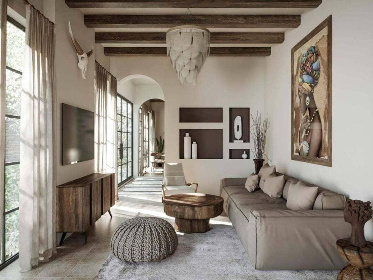 Mẫu thiết kế ph&ograve;ng kh&aacute;ch nh&agrave; ống phong c&aacute;ch Rustic