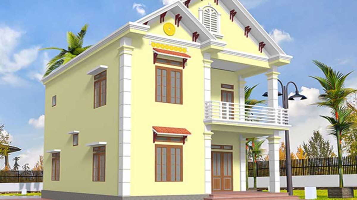 Mẫu sơn nh&agrave; mặt tiền theo nguy&ecirc;n tắc 60 - 30 - 10 với 60% m&agrave;u v&agrave;ng, 30% m&agrave;u trắng v&agrave; 10% m&agrave;u đỏ