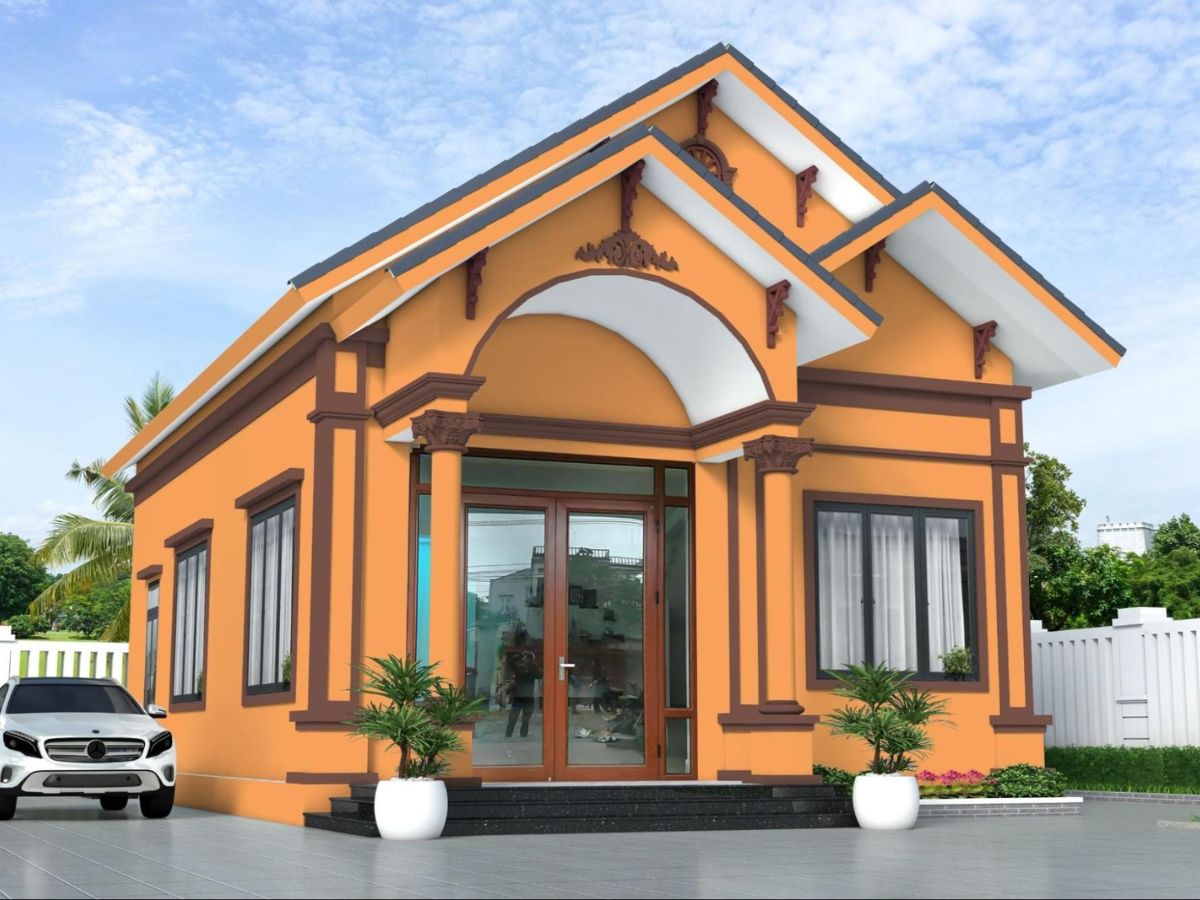 Mẫu sơn nh&agrave; đẹp m&agrave;u cam kết hợp với c&aacute;c gam m&agrave;u n&acirc;u, trắng