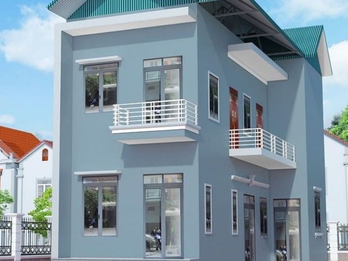 Sơn nh&agrave; m&agrave;u xanh ghi kết hợp m&agrave;u trắng mang lại cảm gi&aacute;c dễ chịu, h&agrave;i h&ograve;a cho kh&ocirc;ng gian