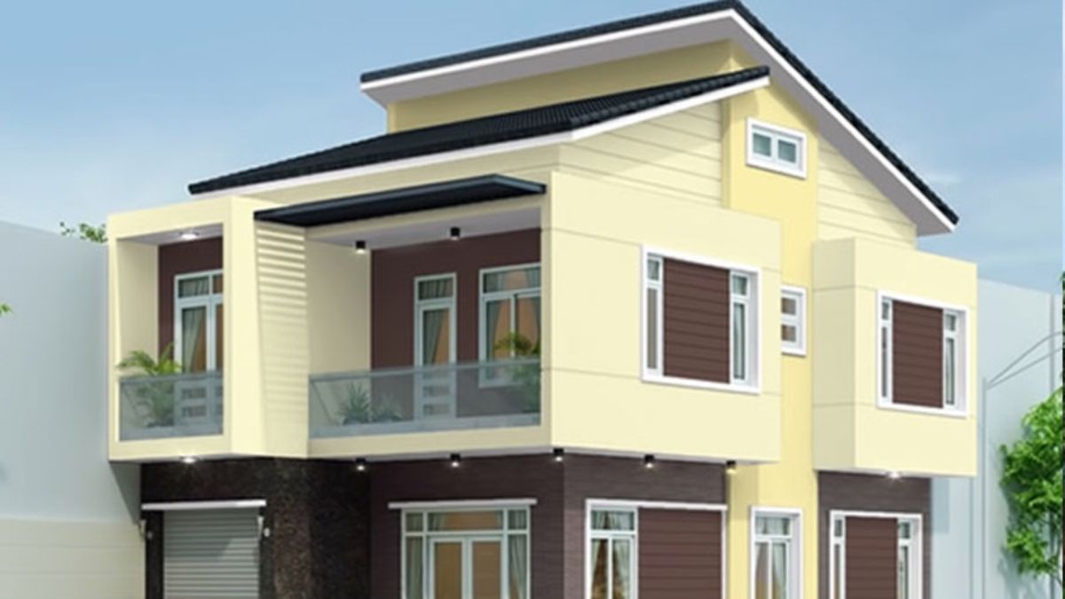 Mẫu sơn nh&agrave; mặt tiền với m&agrave;u v&agrave;ng &ndash; đỏ nung &ndash; trắng