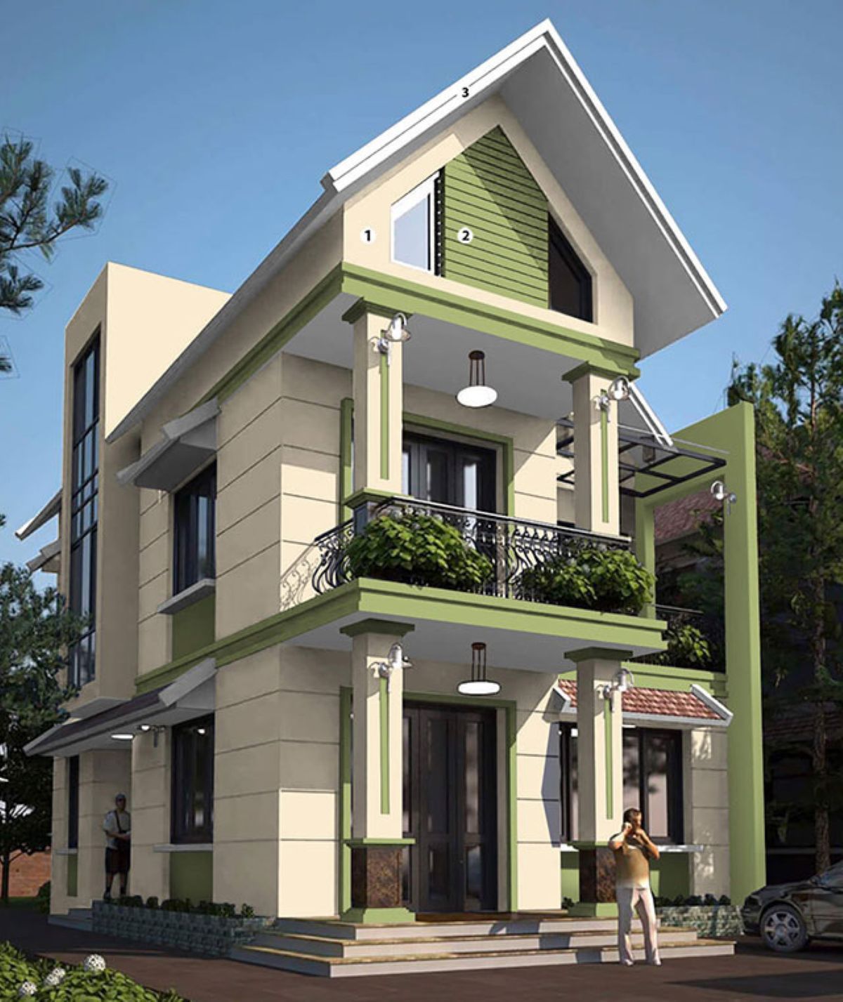 Mẫu sơn nh&agrave; m&agrave;u v&agrave;ng kem kết hợp m&agrave;u xanh l&aacute; để tạo điểm nhấn