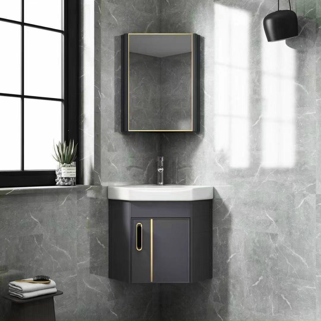 Mẫu tủ lavabo đặt góc thu hút với sắc đen xám 