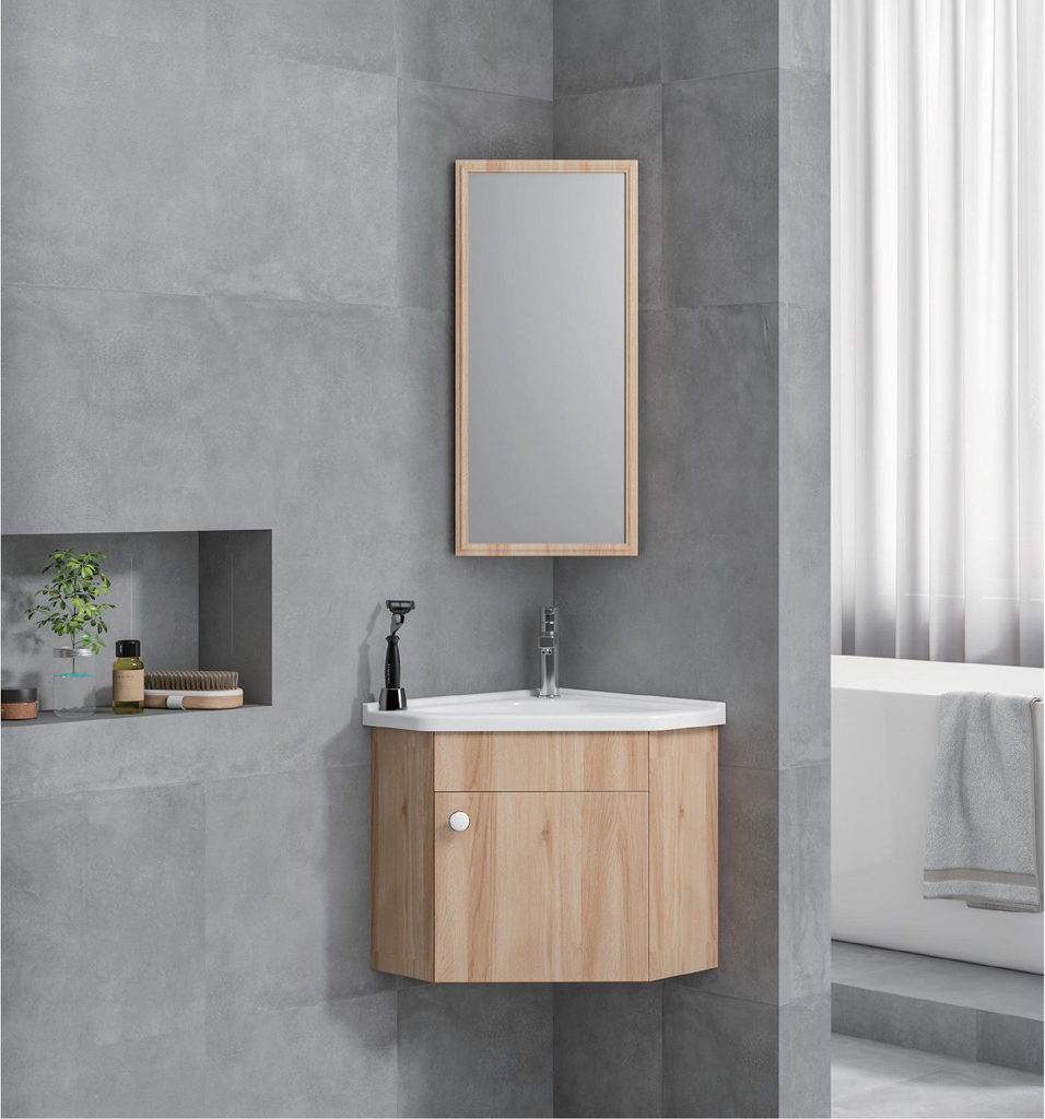 Mẫu tủ lavabo đặt góc với hoạ tiết vân gỗ thu hút và ấn tượng