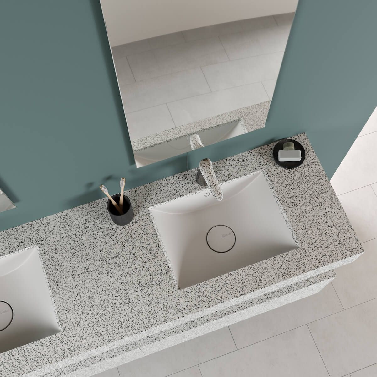 Mặt bàn đá ấn tượng giúp không gian nhà tắm sang trọng hơn