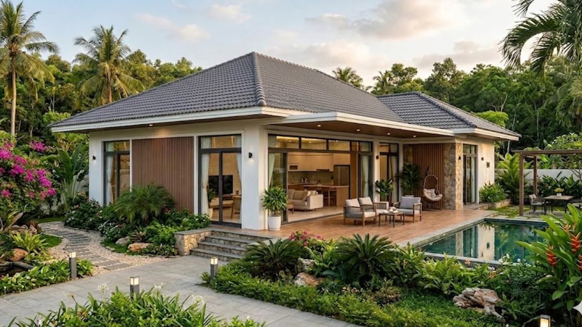 Khoảng s&acirc;n vườn xanh bao quanh villa tạo n&ecirc;n kh&ocirc;ng gian sống trong l&agrave;nh, dễ chịu