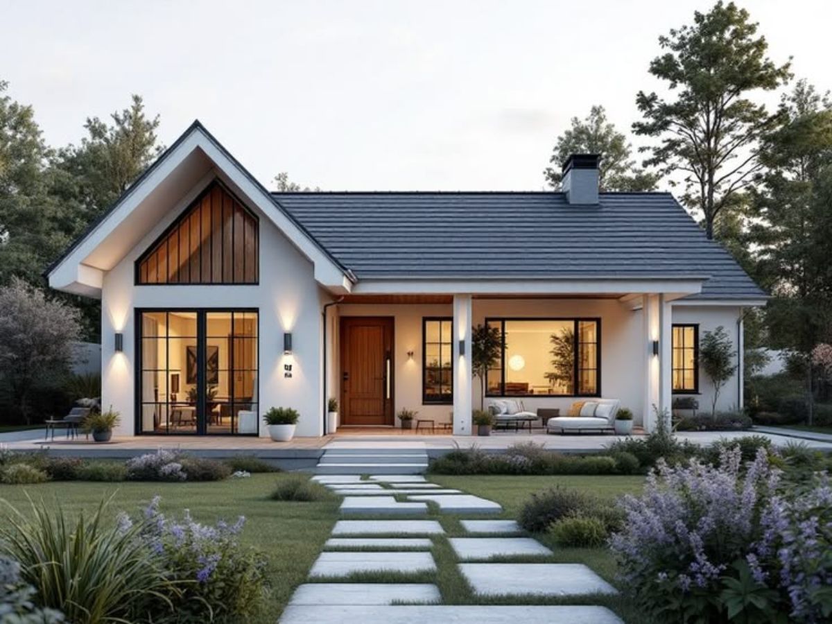 Villa s&acirc;n vườn hiện đại, tối giản được tạo điểm nhấn với lối đi l&aacute;t đ&aacute;