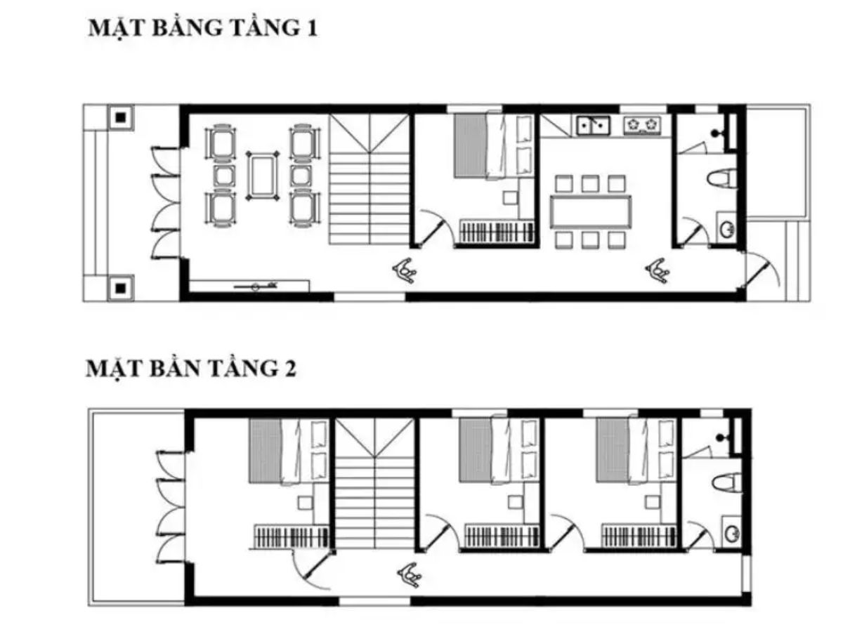 Bản vẽ bố tr&iacute; nh&agrave; 2 tầng 6x15 3 ph&ograve;ng ngủ