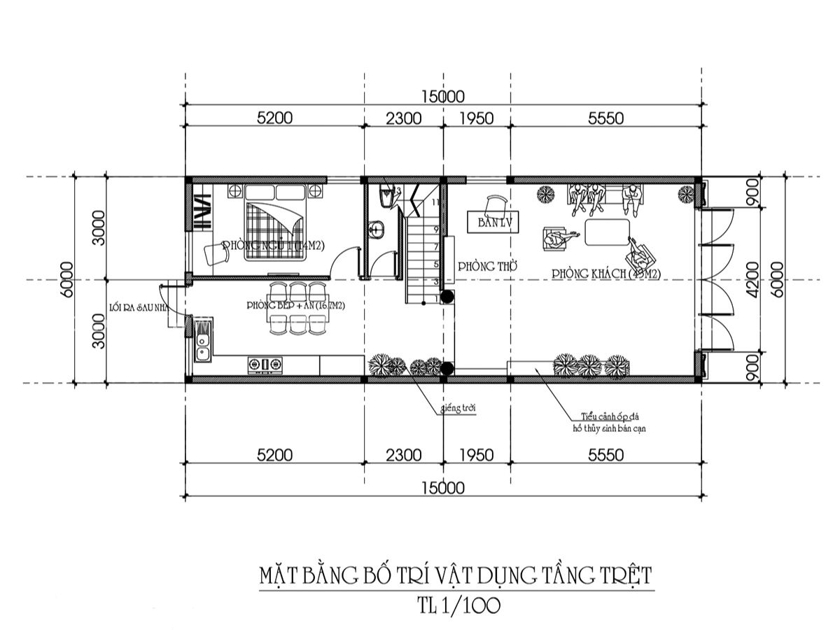 Bản vẽ bố tr&iacute; tầng trệt của mẫu nh&agrave; 6x15 bao gồm ph&ograve;ng kh&aacute;ch, ph&ograve;ng ăn, 1 ph&ograve;ng ngủ v&agrave; 1 WC