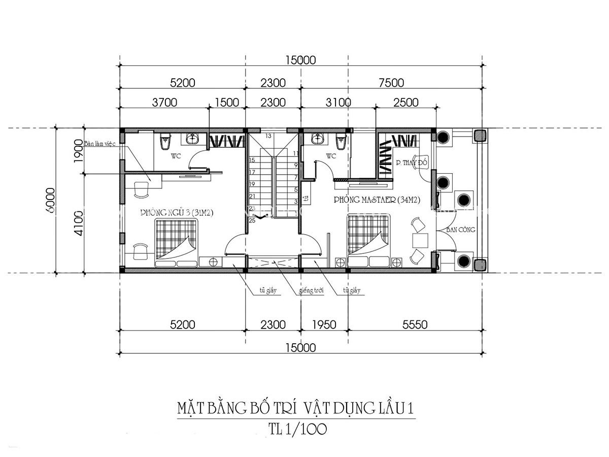 Bản vẽ bố tr&iacute; tầng trệt của mẫu nh&agrave; 6x15 2 ph&ograve;ng ngủ, 1 WC v&agrave; giếng trời