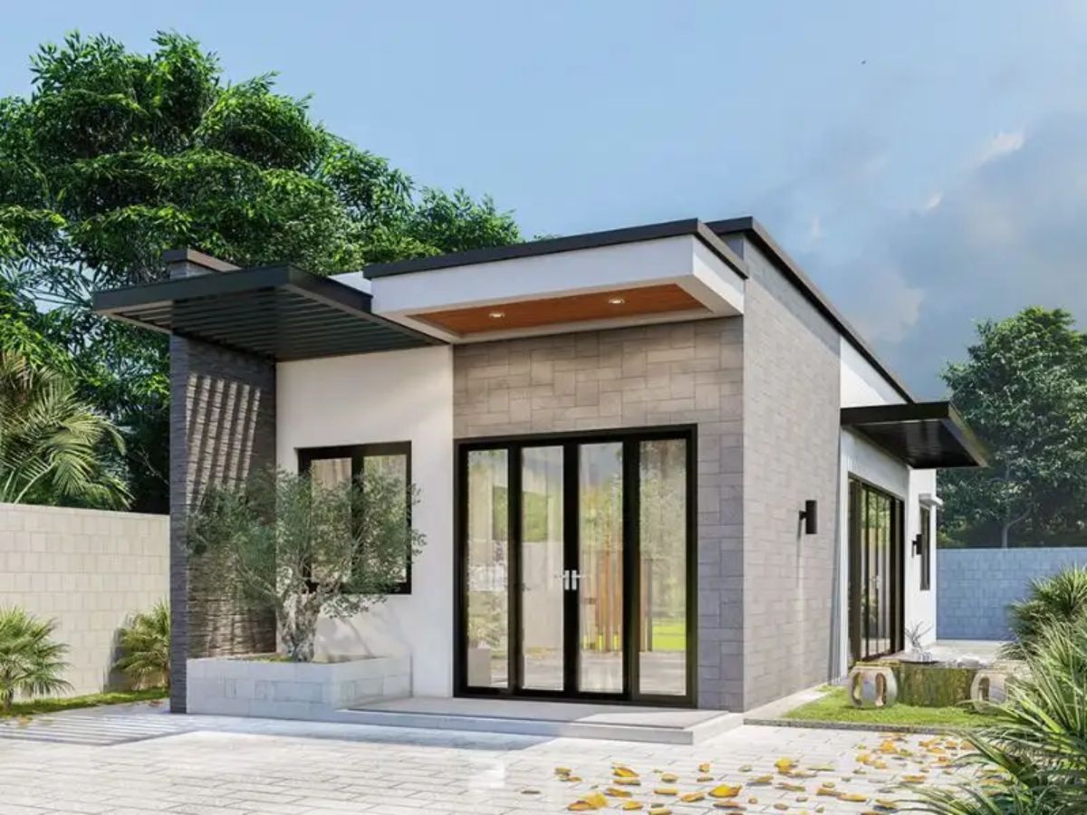 Thiết kế cửa k&iacute;nh lớn c&ugrave;ng khoảng s&acirc;n rộng trồng c&acirc;y xanh cho nh&agrave; 6x15