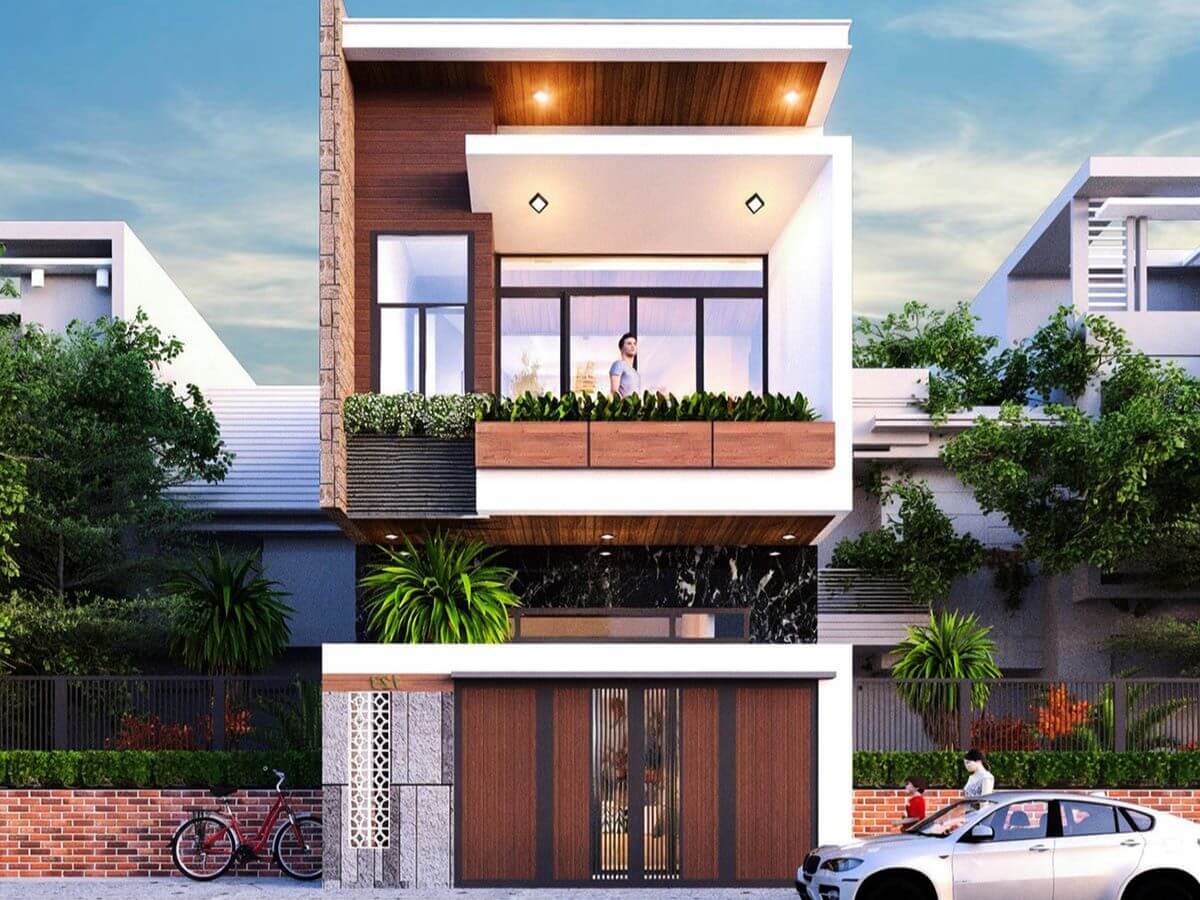 Kết hợp cửa ch&iacute;nh rộng, cửa sổ k&iacute;nh, ban c&ocirc;ng, c&acirc;y xanh để tạo điểm nhấn cho mặt tiền nh&agrave; 6x15