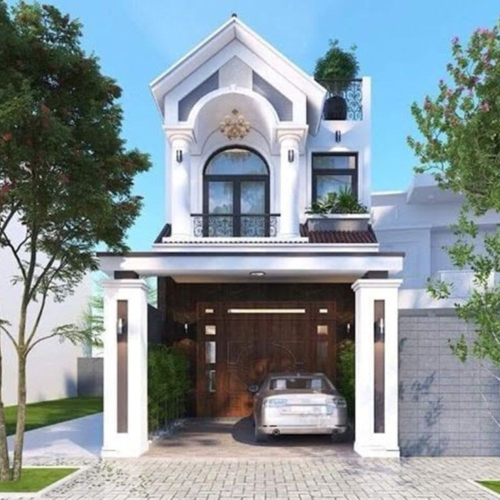 Nh&agrave; 6x15 m&aacute;i Th&aacute;i c&oacute; tường s&aacute;ng m&agrave;u kết hợp cửa tối m&agrave;u c&ugrave;ng c&acirc;y xanh