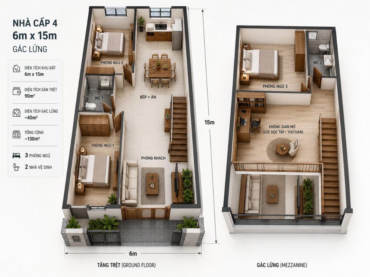Gợi &yacute; bố tr&iacute; nh&agrave; g&aacute;c lửng 6x15m hợp l&yacute;, đầy đủ tiện nghi
