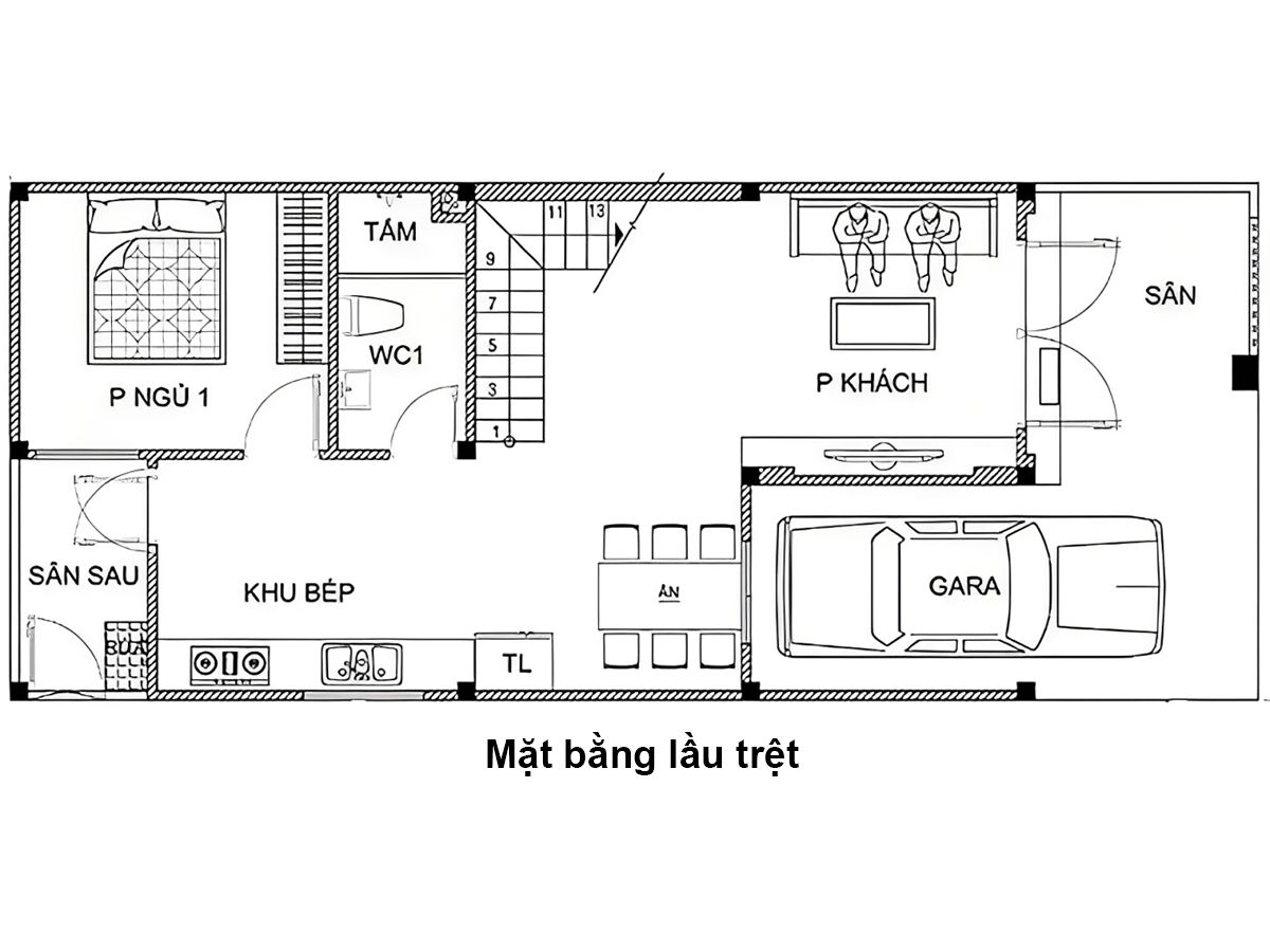 Bản vẽ bố tr&iacute; mặt bằng tầng 1 của nh&agrave; 6x15 c&oacute; gara