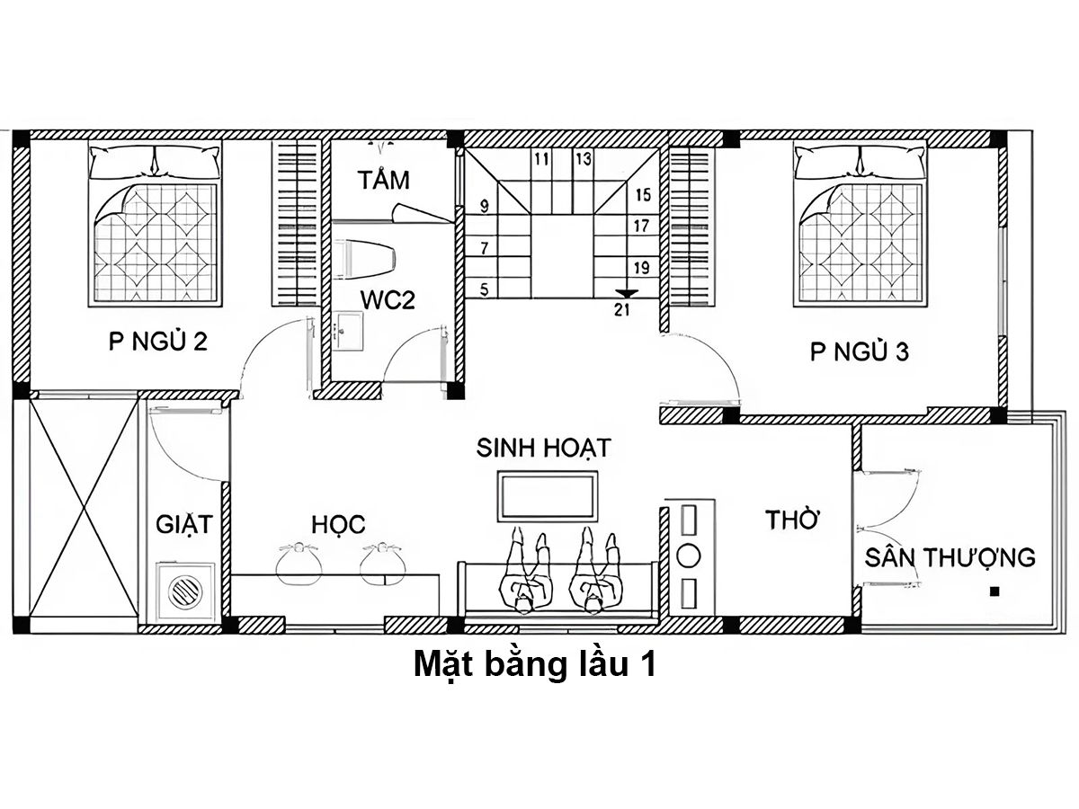 Bản vẽ bố tr&iacute; mặt bằng tầng 2 của nh&agrave; 6x15 c&oacute; gara