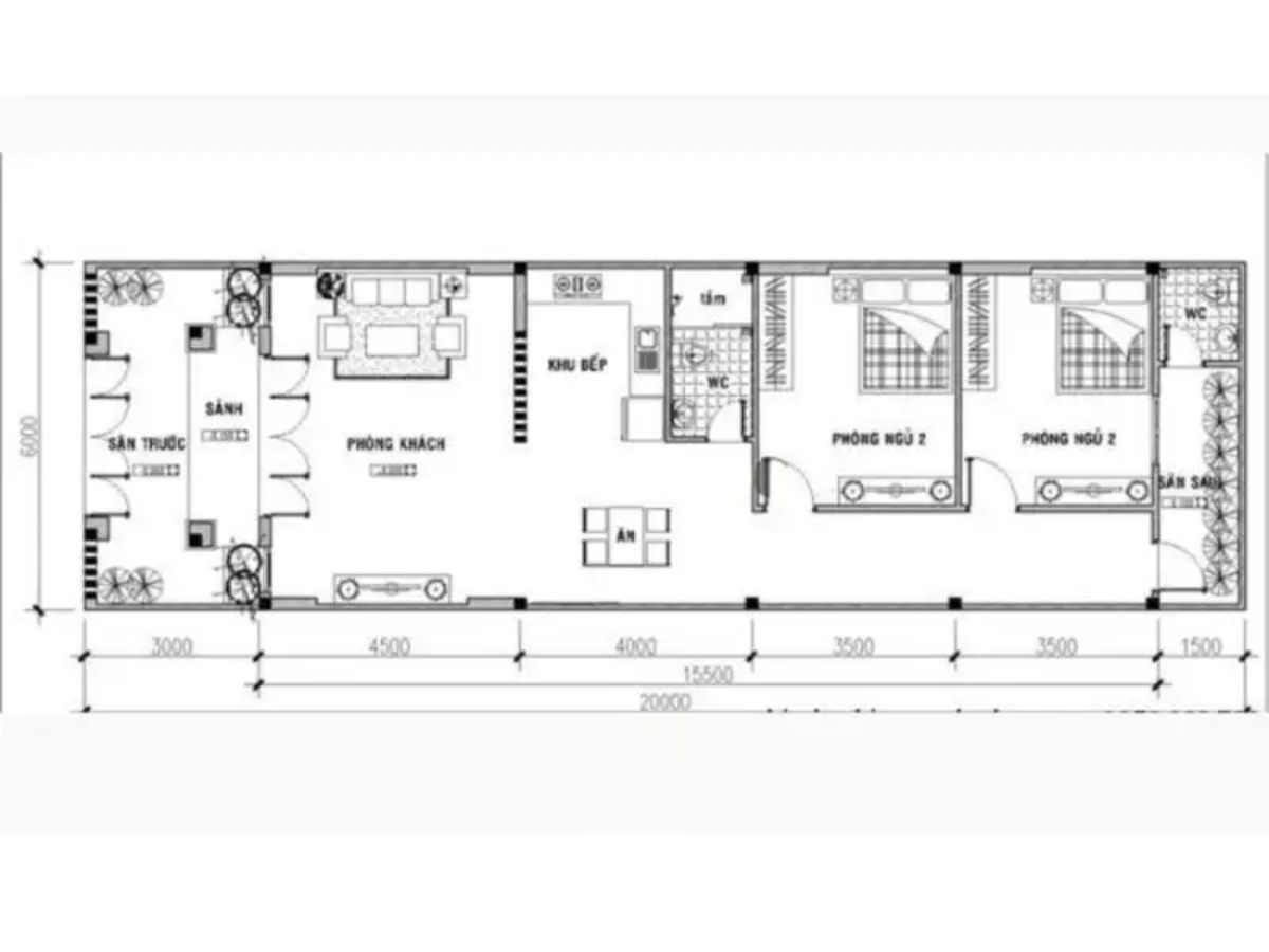 Bản vẽ bố tr&iacute; nh&agrave; 6x15 1 tầng 2 ph&ograve;ng ngủ