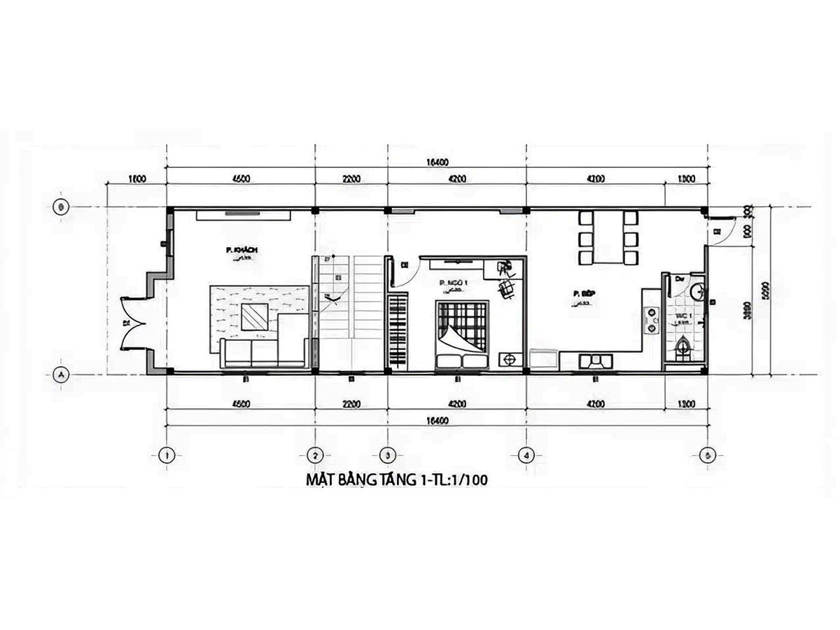Bản vẽ mặt bằng tầng 1 của nh&agrave; 2 tầng 6x15 3 ph&ograve;ng ngủ