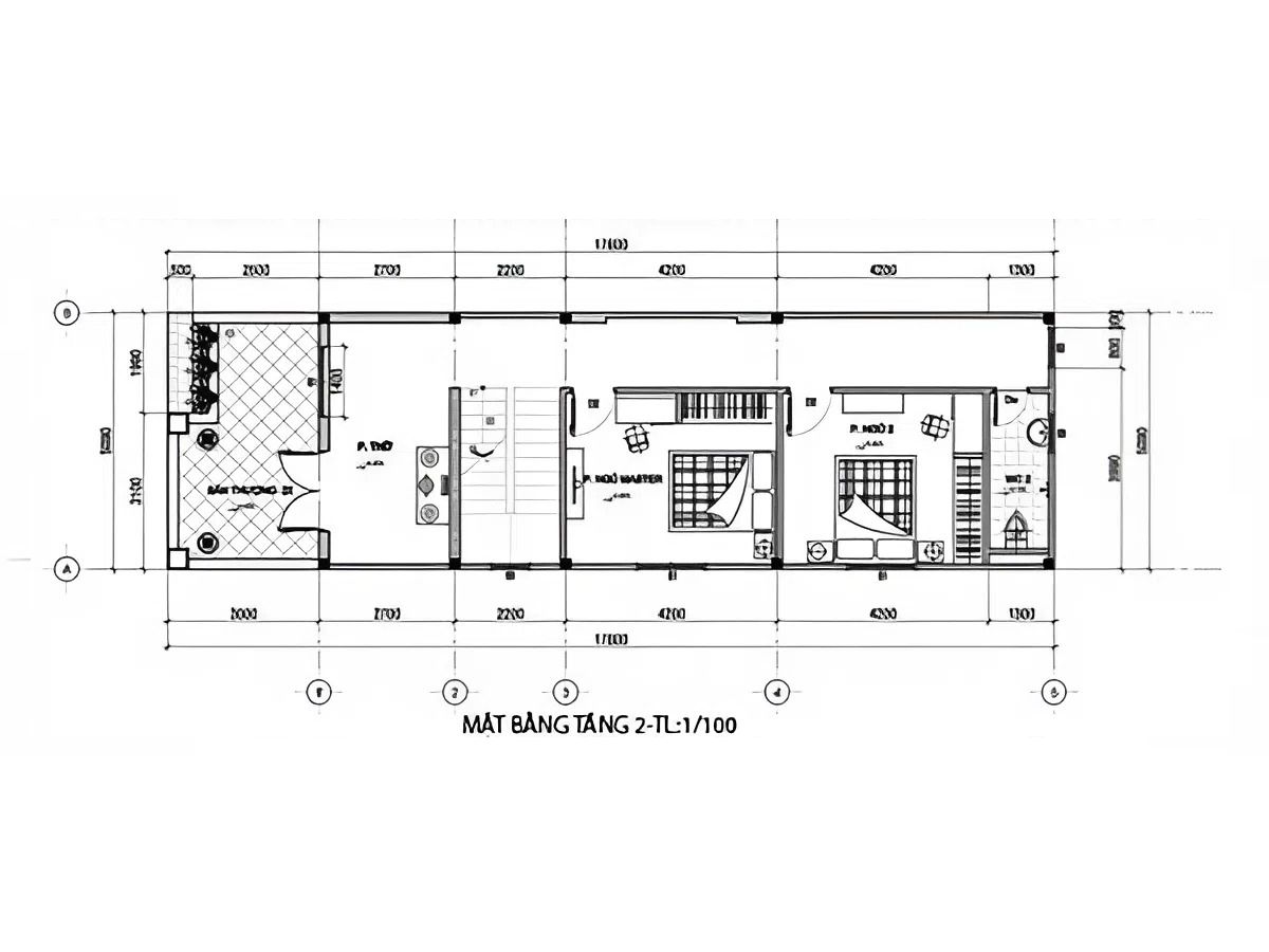 Bản vẽ mặt bằng tầng 2 của nh&agrave; 2 tầng 6x15 3 ph&ograve;ng ngủ