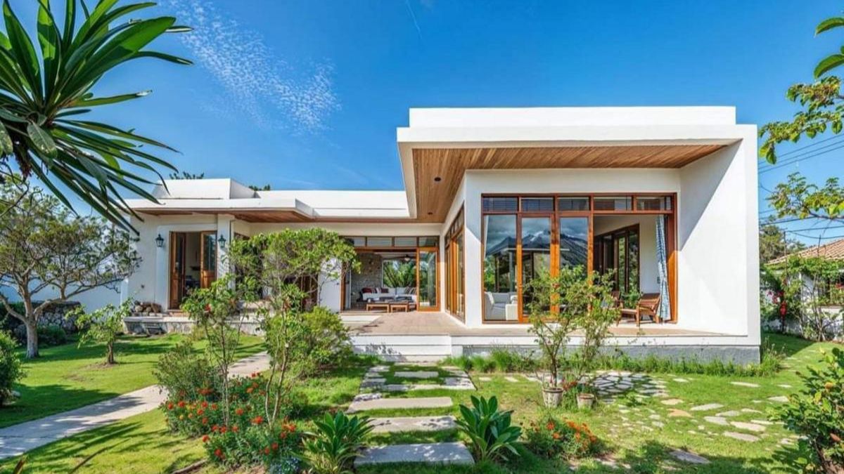 Thiết s&acirc;n vườn xanh v&agrave; lối đi l&aacute;t đ&aacute; cho nh&agrave; cấp 4 m&aacute;i bằng n&ocirc;ng th&ocirc;n