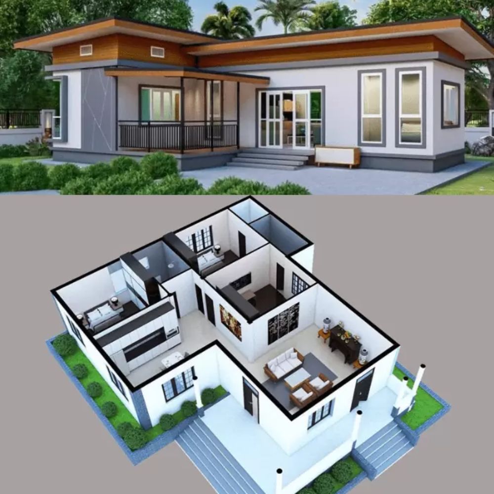 Mẫu nh&agrave; cấp 4 n&ocirc;ng th&ocirc;n m&aacute;i bằng chữ L