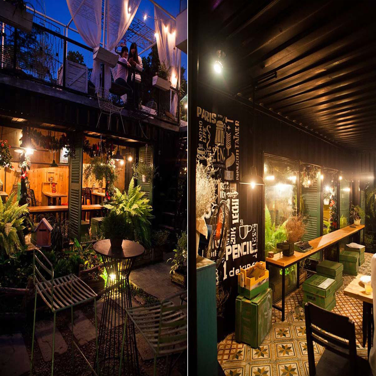 Quán café mang phong cách Vintage pha chút hơi hướng Paris. Bề mặt container chỉ được xử lý bằng sơn nên vẫn giữa nguyên kết cấu bề mặt.