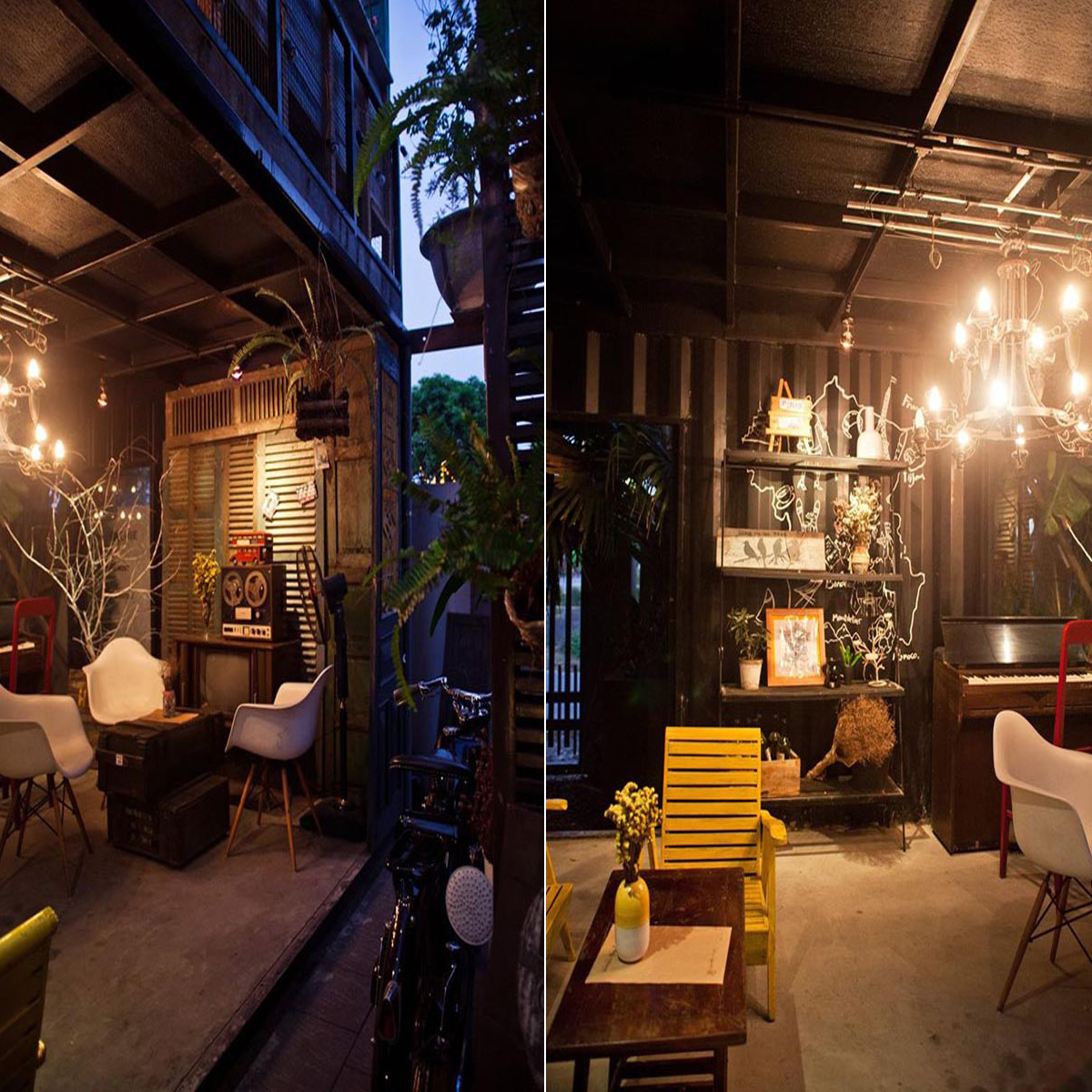 Đồ dùng, bàn ghế đa phần là vật dụng cũ nhưng được trang trí hài hòa, vừa đủ trong một không gian thoáng mát, kết hợp cây xanh và cảnh quan sân vườn bên ngoài.