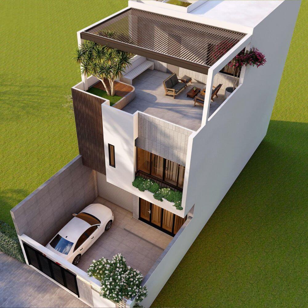 Nh&agrave; phố 2 tầng tận dụng phần diện t&iacute;ch tr&ecirc;n m&aacute;i bằng l&agrave;m s&acirc;n thượng, khu vực thư gi&atilde;n ngo&agrave;i trời