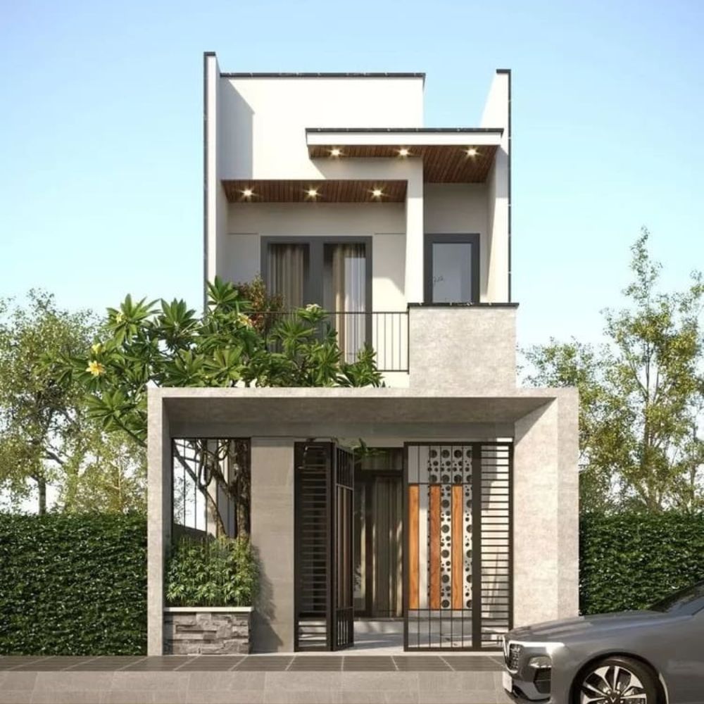 Sử dụng vật liệu hiện đại như k&iacute;nh, b&ecirc; t&ocirc;ng khi x&acirc;y nh&agrave; phố 2 tầng m&aacute;i bằng