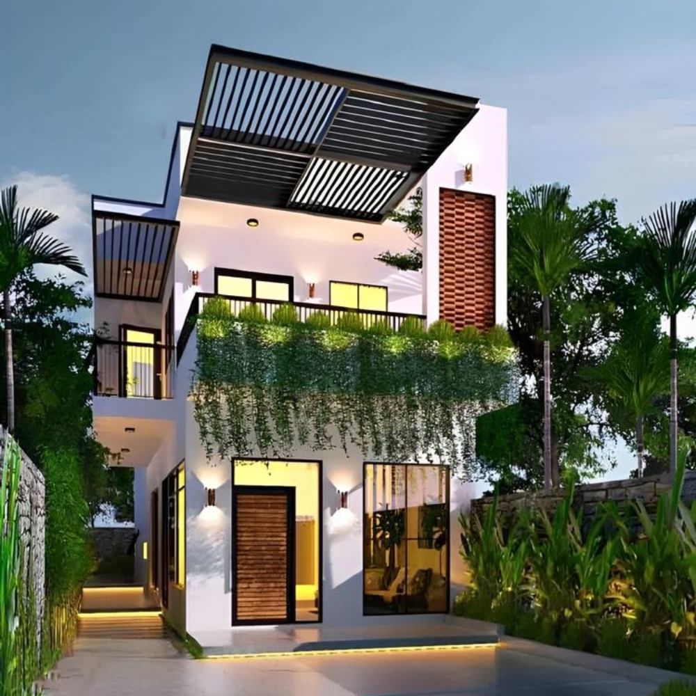 Thiết kế ban c&ocirc;ng xanh v&agrave; trồng c&acirc;y xung quanh nh&agrave; phố 2 tầng