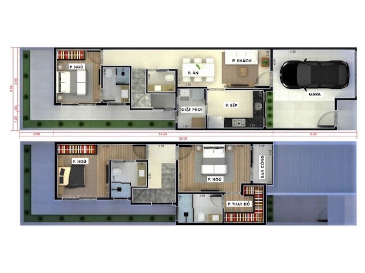 Bản vẽ 3D c&aacute;ch bố tr&iacute; nh&agrave; phố 2 tầng ph&acirc;n chia c&aacute;c ph&ograve;ng chức năng r&otilde; r&agrave;ng, t&iacute;ch hợp với gara tiện lợi