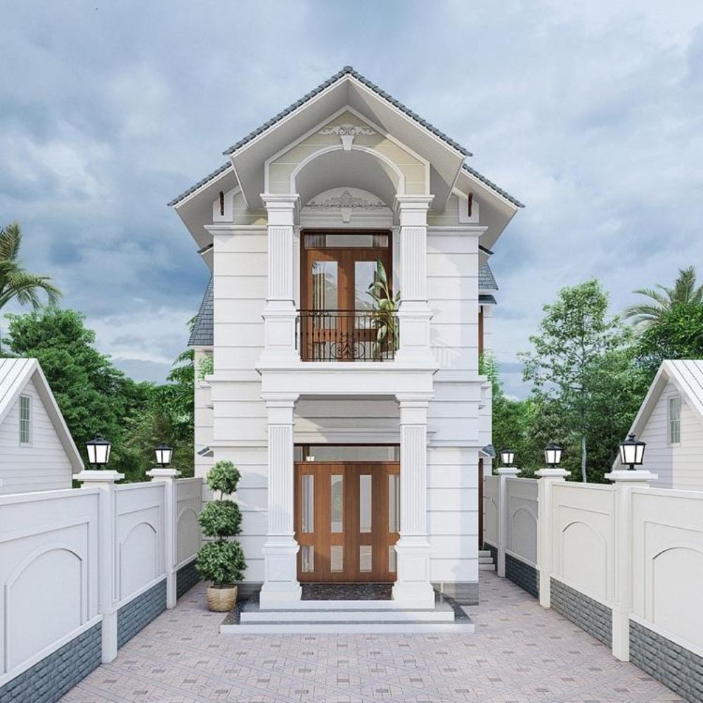 Nh&agrave; phố 2 tầng m&aacute;i Th&aacute;i với gam trắng thanh lịch, hiện đại
