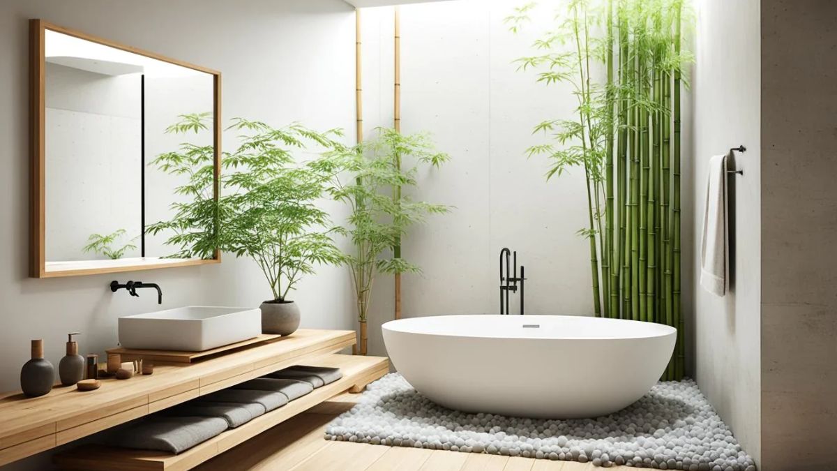 Thiết kế nh&agrave; vệ sinh kiểu Nhật rộng r&atilde;i với giếng trời v&agrave; c&acirc;y xanh tươi m&aacute;t