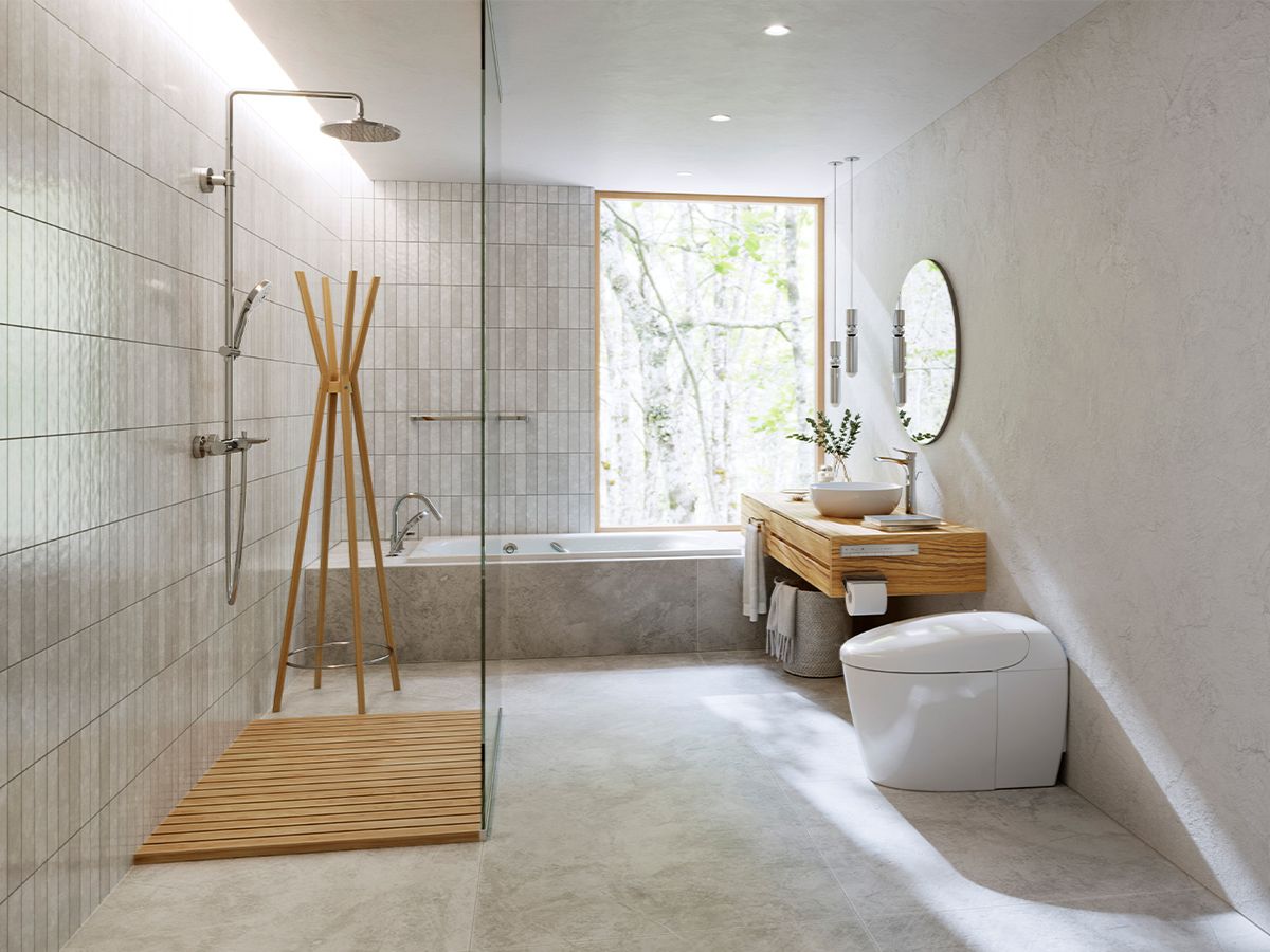 Nh&agrave; vệ sinh kiểu Nhật hiện đại được trang bị bồn cầu th&ocirc;ng minh