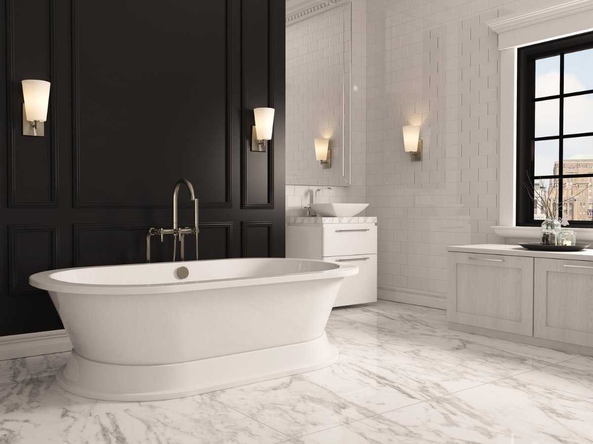 Thiết kế phòng tắm Minimalist với gạch lát độc đáo tạo hiệu ứng thị giác thú vị