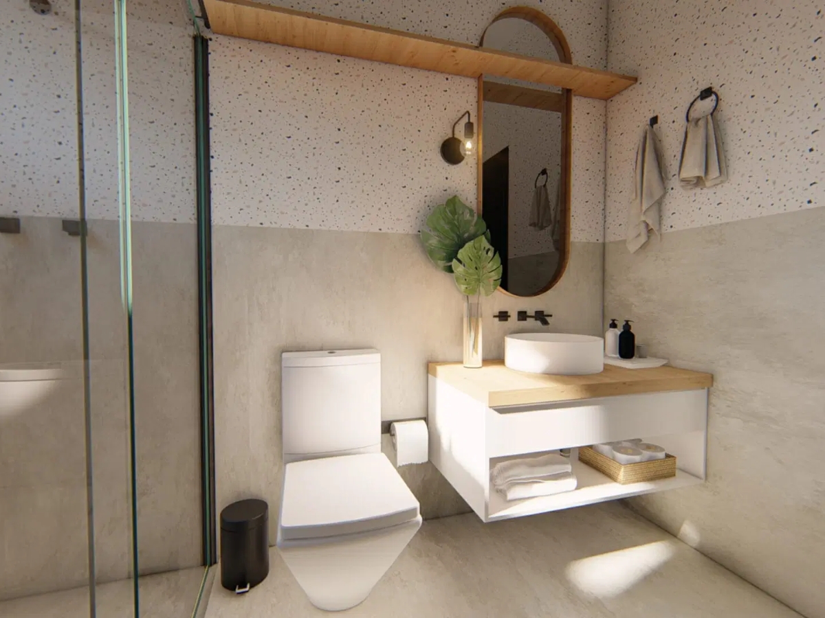 Thiết kế phòng tắm Minimalist với kệ gỗ đơn giản và sắp xếp gọn gàng