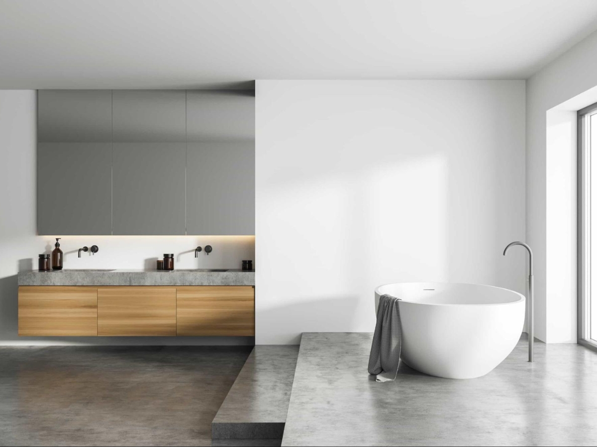 Phòng tắm phong cách Minimalist có những điểm đặc trưng như thiết kế tối giản, màu sắc cơ bản, tận dụng ánh sáng tự nhiên…