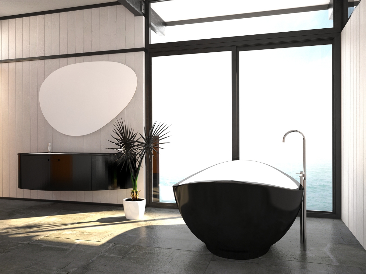 Phòng tắm Minimalist với cửa kính trong suốt tạo sự rộng rãi